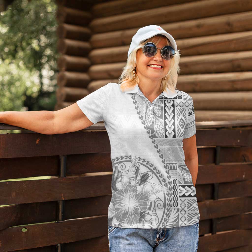 Samoa Siapo Elegant Women Polo Shirt Hibiscus White Motifs - Polynesian Pride
