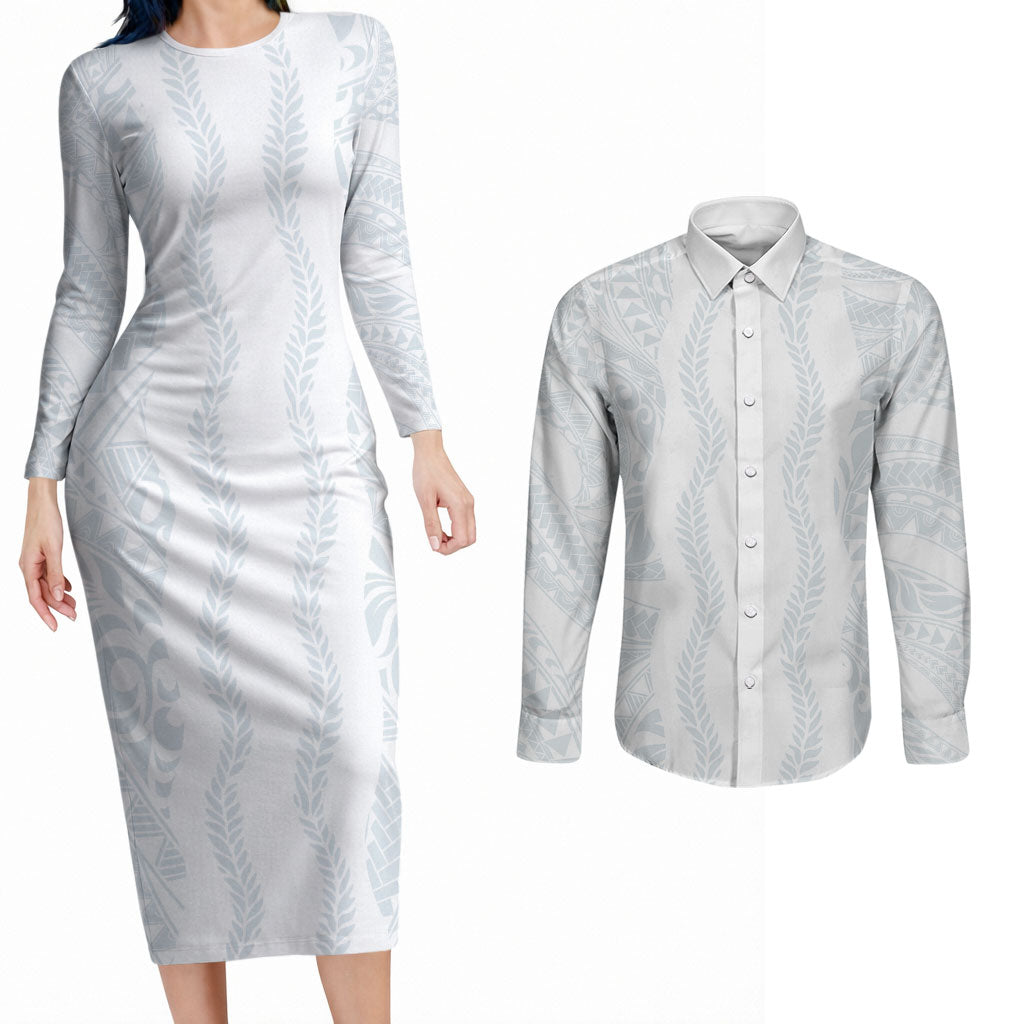Samoa Lotu Tamaiti Couples Matching Long Sleeve Bodycon Dress and Long Sleeve Button Shirt Teuila With Tribal Motifs LT05 White - Polynesian Pride