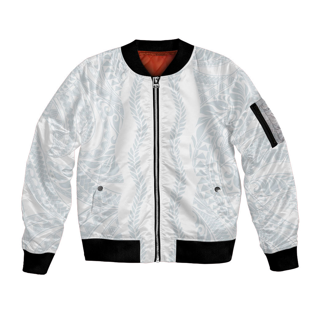 Samoa Lotu Tamaiti Sleeve Zip Bomber Jacket Teuila With Tribal Motifs LT05 Unisex White - Polynesian Pride