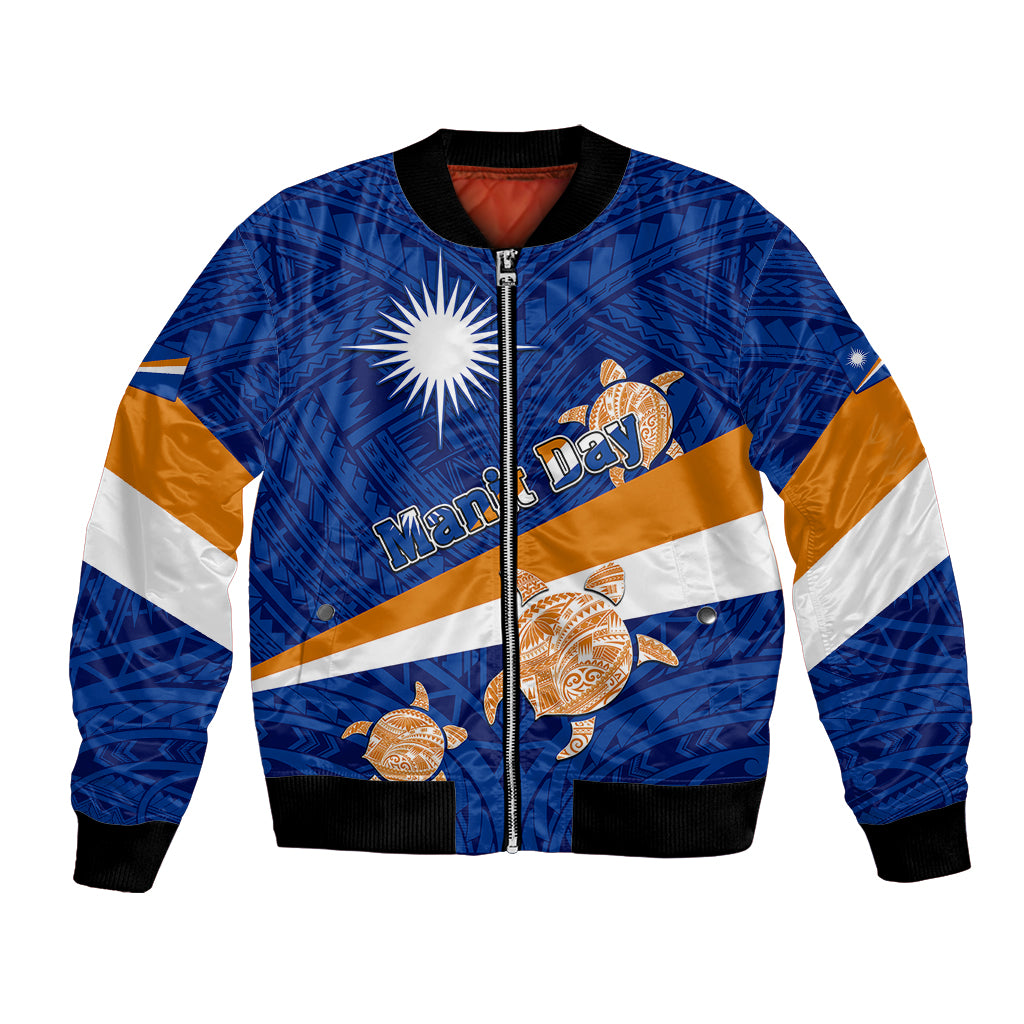 Personalized Marshall Islands Bomber Jacket Manit Day Coat Of Arms With Polynesian Turtle LT05 Unisex Blue - Polynesian Pride