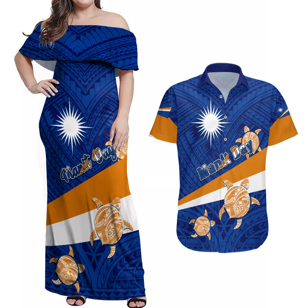 Personalized Marshall Islands Couples Matching Off Shoulder Maxi Dress and Hawaiian Shirt Manit Day Coat Of Arms With Polynesian Turtle LT05 Blue - Polynesian Pride