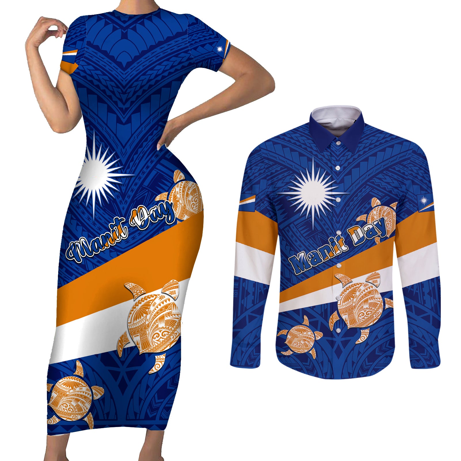 Personalized Marshall Islands Couples Matching Short Sleeve Bodycon Dress and Long Sleeve Button Shirts Manit Day Coat Of Arms With Polynesian Turtle LT05 Blue - Polynesian Pride