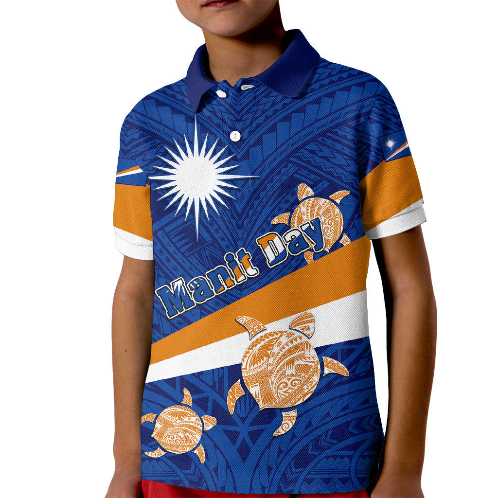 Personalized Marshall Islands Kid Polo Shirt Manit Day Coat Of Arms With Polynesian Turtle LT05 Kid Blue - Polynesian Pride