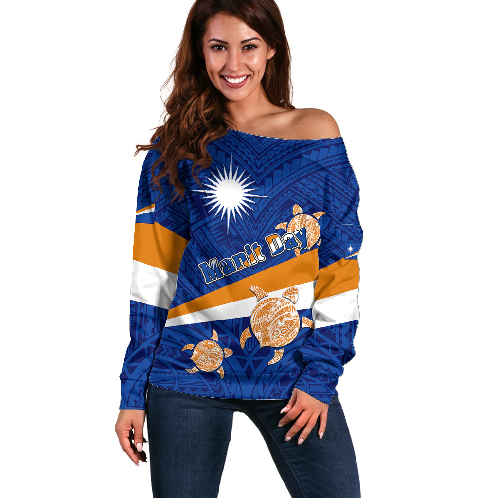 Personalized Marshall Islands Off Shoulder Sweater Manit Day Coat Of Arms With Polynesian Turtle LT05 Women Blue - Polynesian Pride