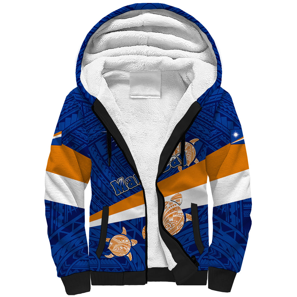 Personalized Marshall Islands Sherpa Hoodie Manit Day Coat Of Arms With Polynesian Turtle LT05 Unisex Blue - Polynesian Pride