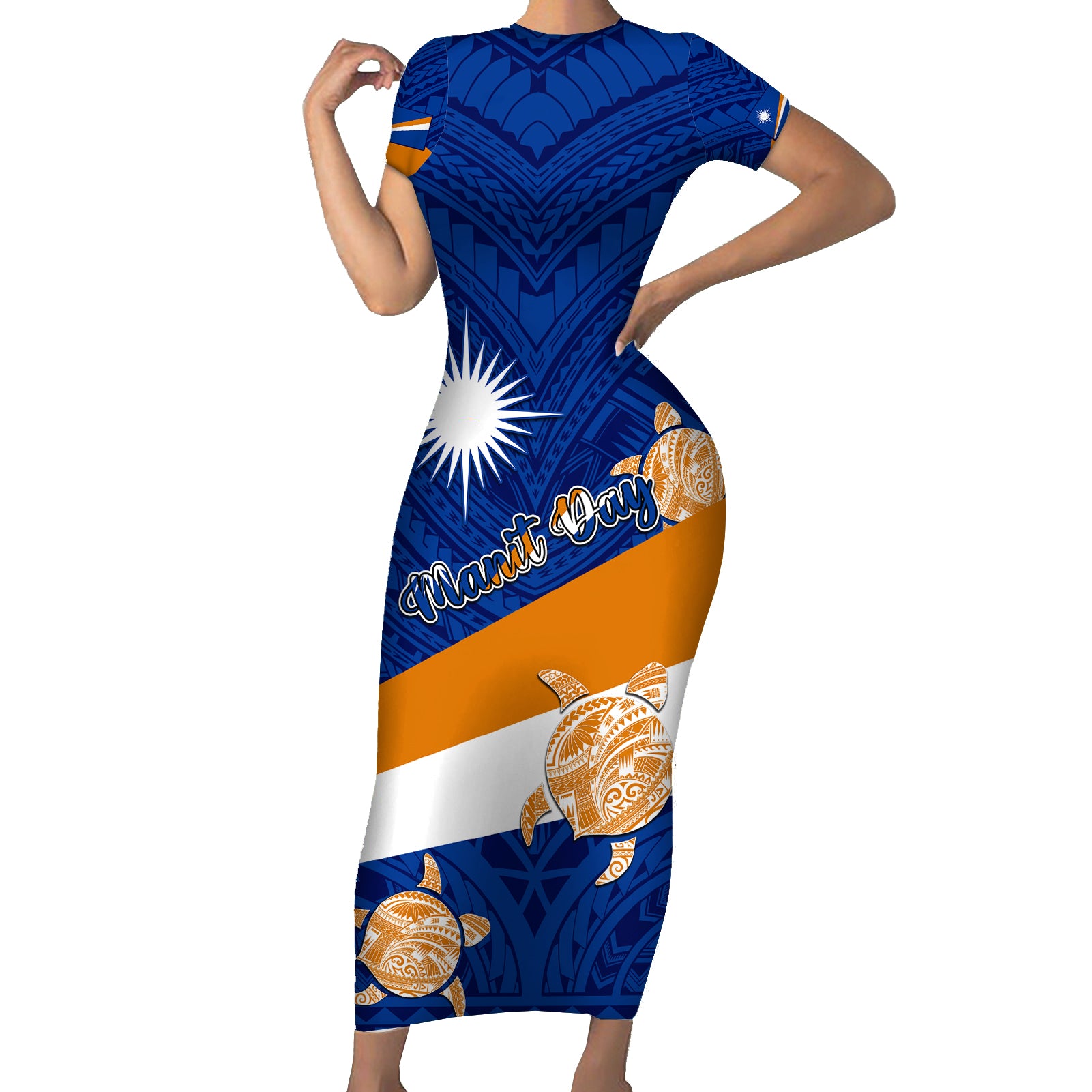 Personalized Marshall Islands Short Sleeve Bodycon Dress Manit Day Coat Of Arms With Polynesian Turtle LT05 Long Dress Blue - Polynesian Pride