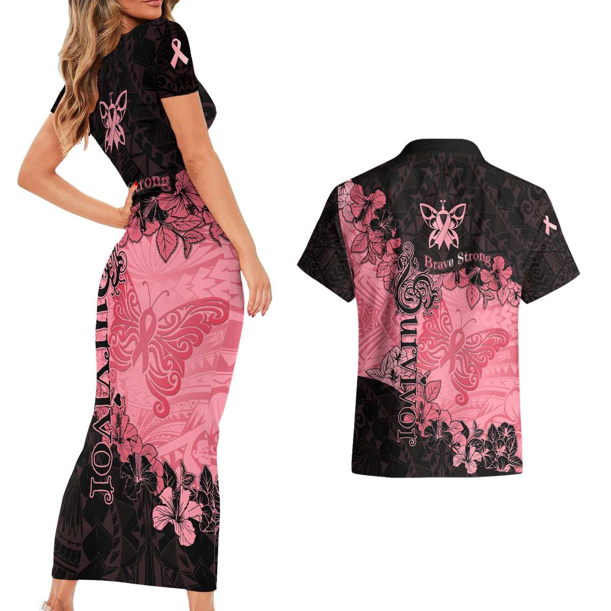 Breast Cancer Couples Matching Short Sleeve Bodycon Dress and Hawaiian Shirt Survivor Polynesian Ribbon Butterfly LT05 - Polynesian Pride