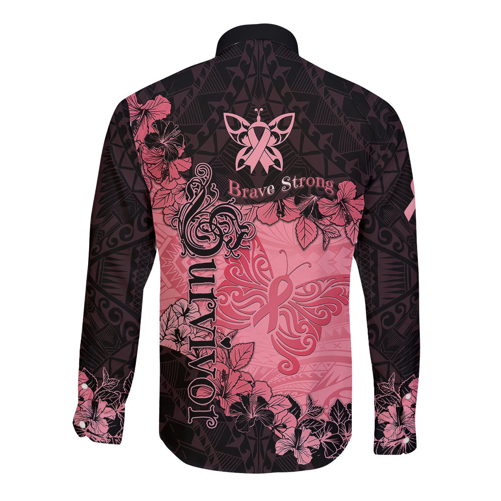 Breast Cancer Long Sleeve Button Shirt Survivor Polynesian Ribbon Butterfly LT05 - Polynesian Pride