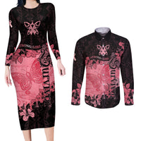 Personalized Breast Cancer Couples Matching Long Sleeve Bodycon Dress and Long Sleeve Button Shirts Survivor Polynesian Ribbon Butterfly LT05 Pink - Polynesian Pride
