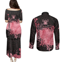 Personalized Breast Cancer Couples Matching Puletasi Dress and Long Sleeve Button Shirts Survivor Polynesian Ribbon Butterfly LT05 - Polynesian Pride