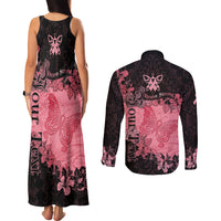 Personalized Breast Cancer Couples Matching Tank Maxi Dress and Long Sleeve Button Shirts Survivor Polynesian Ribbon Butterfly LT05 - Polynesian Pride