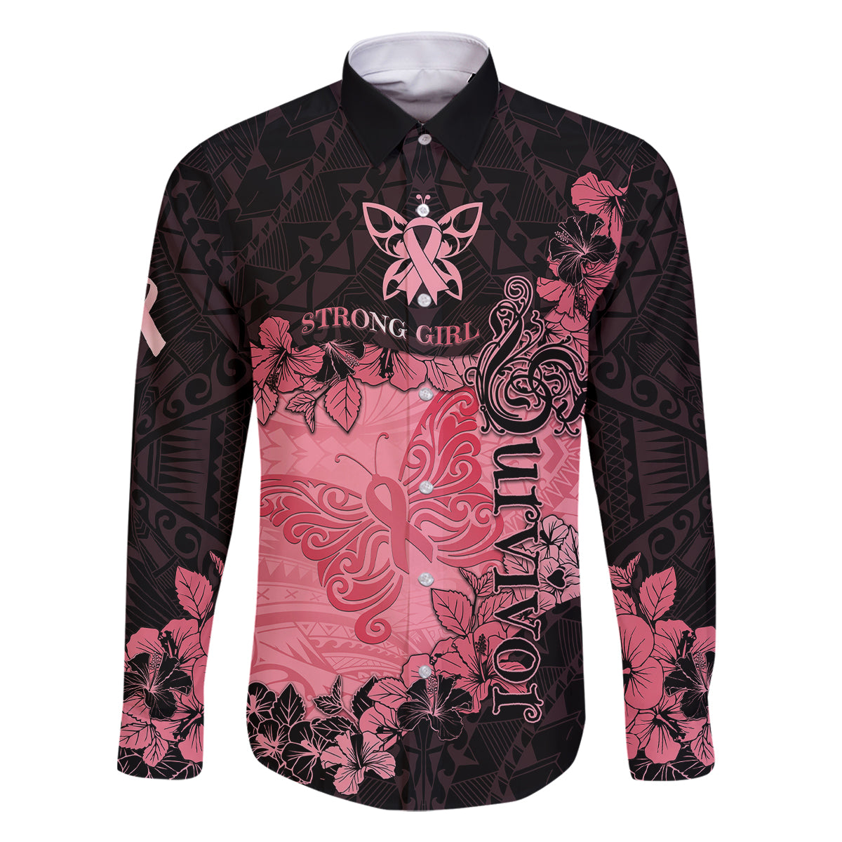 Personalized Breast Cancer Family Matching Off Shoulder Maxi Dress and Hawaiian Shirt Survivor Polynesian Ribbon Butterfly LT05 Dad's Shirt - Long Sleeve Pink - Polynesian Pride