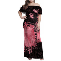 Personalized Breast Cancer Family Matching Off Shoulder Maxi Dress and Hawaiian Shirt Survivor Polynesian Ribbon Butterfly LT05 Mom's Dress Pink - Polynesian Pride