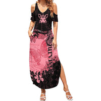 Personalized Breast Cancer Family Matching Summer Maxi Dress and Hawaiian Shirt Survivor Polynesian Ribbon Butterfly LT05 Mom's Dress Pink - Polynesian Pride