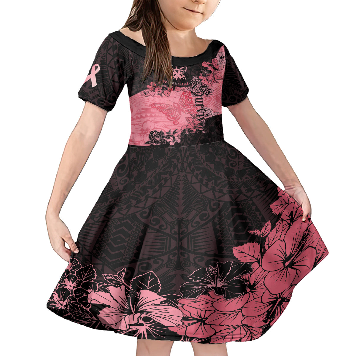 Personalized Breast Cancer Family Matching Tank Maxi Dress and Hawaiian Shirt Survivor Polynesian Ribbon Butterfly LT05 Daughter's Dress Pink - Polynesian Pride