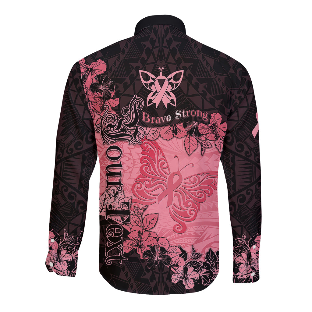 Personalized Breast Cancer Long Sleeve Button Shirt Survivor Polynesian Ribbon Butterfly LT05 - Polynesian Pride