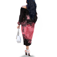 Personalized Breast Cancer Off The Shoulder Long Sleeve Dress Survivor Polynesian Ribbon Butterfly LT05 - Polynesian Pride