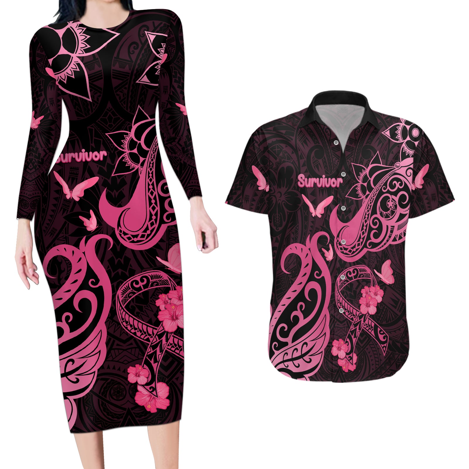 Breast Cancer Awareness Couples Matching Long Sleeve Bodycon Dress and Hawaiian Shirt Ribbon Polynesian Pattern Black Version LT05 Black - Polynesian Pride