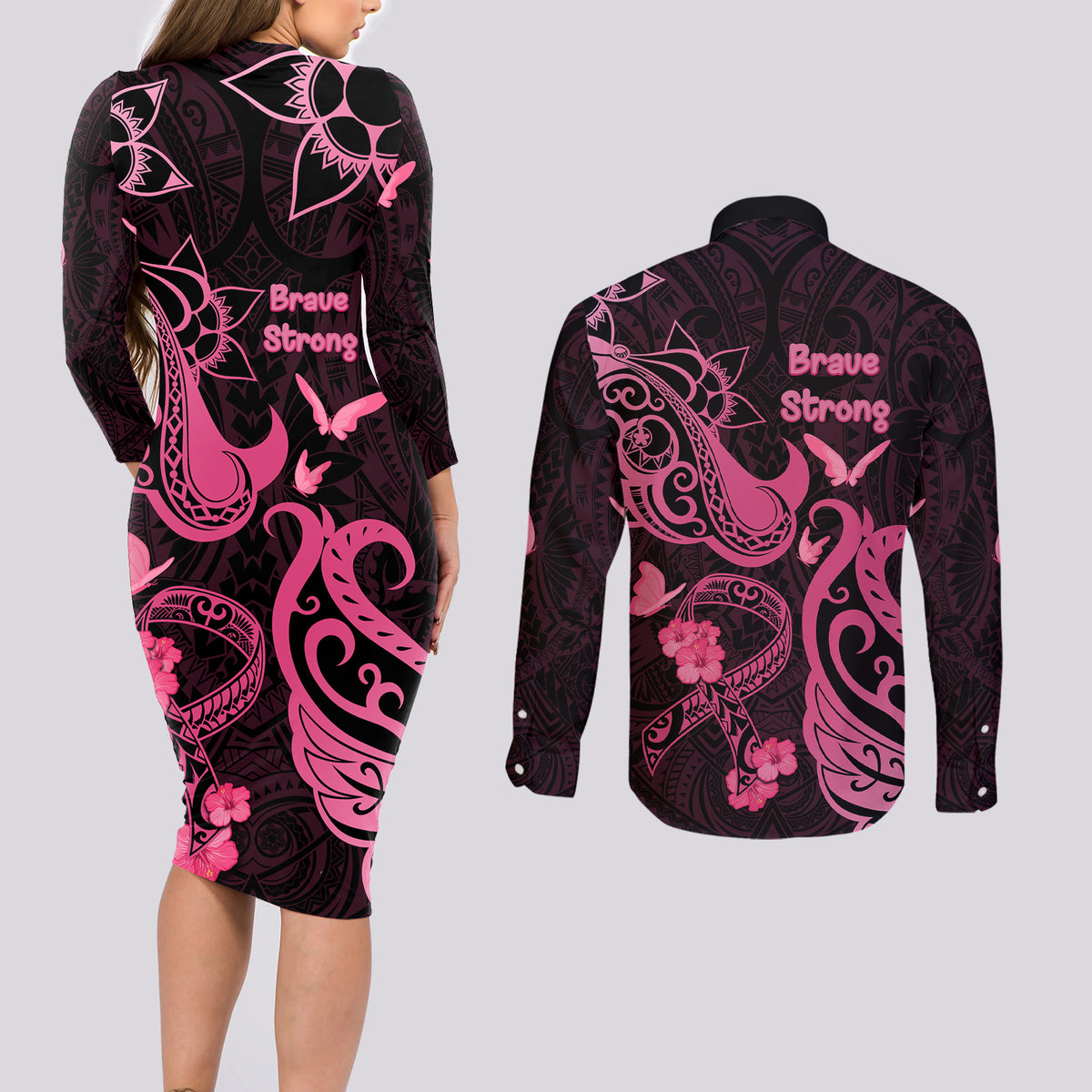 Breast Cancer Awareness Couples Matching Long Sleeve Bodycon Dress and Long Sleeve Button Shirts Ribbon Polynesian Pattern Black Version LT05 - Polynesian Pride