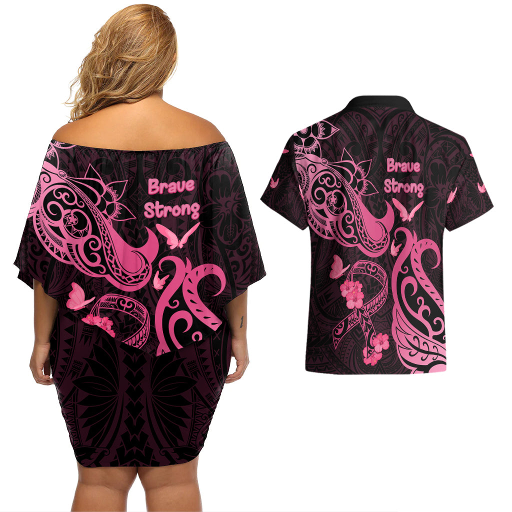 Breast Cancer Awareness Couples Matching Off Shoulder Short Dress and Hawaiian Shirt Ribbon Polynesian Pattern Black Version LT05 - Polynesian Pride