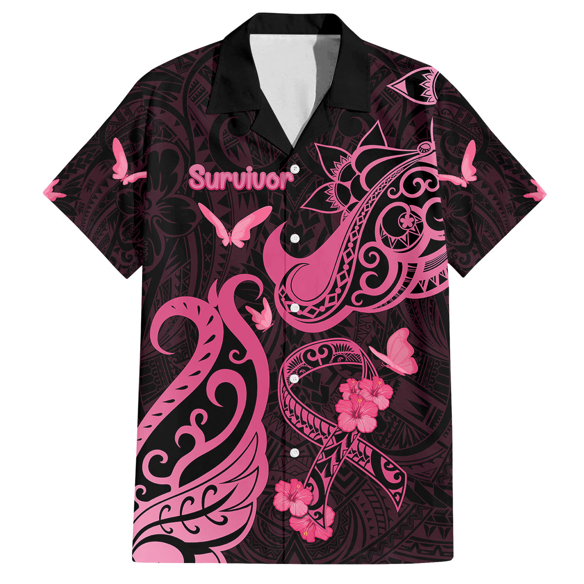 Breast Cancer Awareness Family Matching Off Shoulder Long Sleeve Dress and Hawaiian Shirt Ribbon Polynesian Pattern Black Version LT05 Dad's Shirt - Short Sleeve Black - Polynesian Pride
