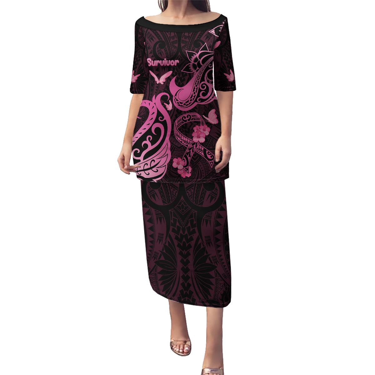 Breast Cancer Awareness Family Matching Puletasi Dress and Hawaiian Shirt Ribbon Polynesian Pattern Black Version LT05 Mom's Dress Black - Polynesian Pride