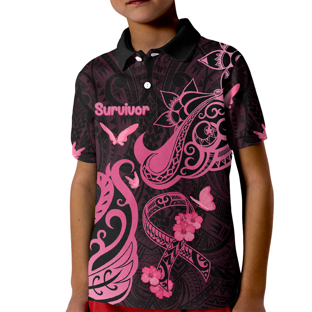 Breast Cancer Awareness Kid Polo Shirt Ribbon Polynesian Pattern Black Version LT05 Kid Black - Polynesian Pride