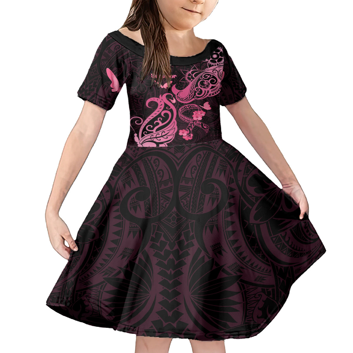 Breast Cancer Awareness Kid Short Sleeve Dress Ribbon Polynesian Pattern Black Version LT05 KID Black - Polynesian Pride