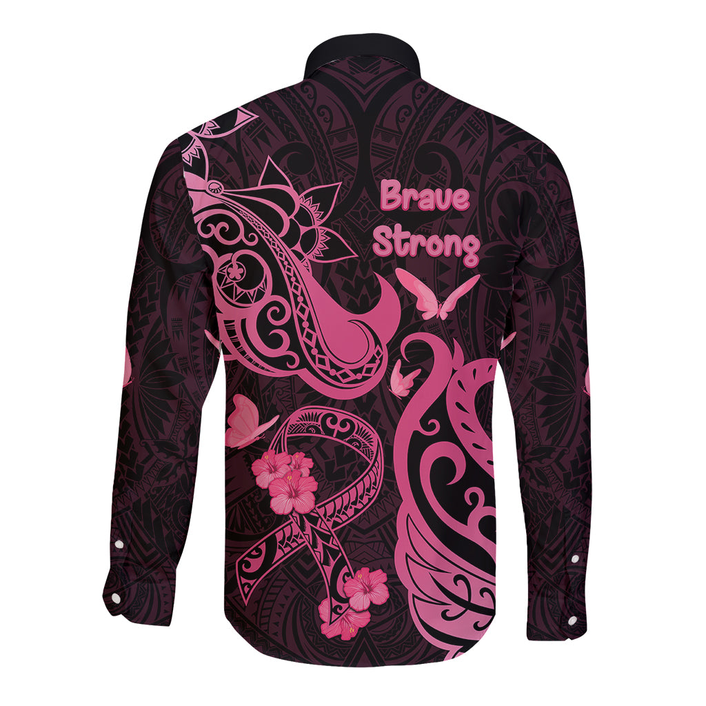 Breast Cancer Awareness Long Sleeve Button Shirt Ribbon Polynesian Pattern Black Version LT05 - Polynesian Pride