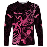 Breast Cancer Awareness Long Sleeve Shirt Ribbon Polynesian Pattern Black Version LT05 Unisex Black - Polynesian Pride