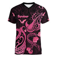 Breast Cancer Awareness Women V Neck T Shirt Ribbon Polynesian Pattern Black Version LT05 Female Black - Polynesian Pride