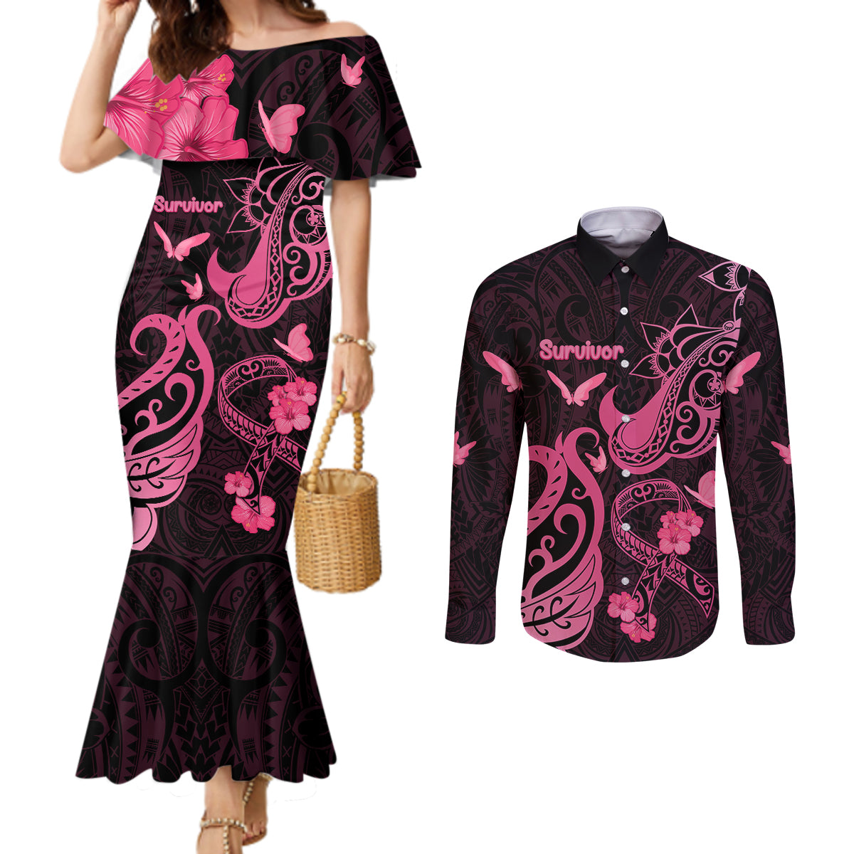 Personalized Breast Cancer Awareness Couples Matching Mermaid Dress and Long Sleeve Button Shirts Ribbon Polynesian Pattern Black Version LT05 Black - Polynesian Pride