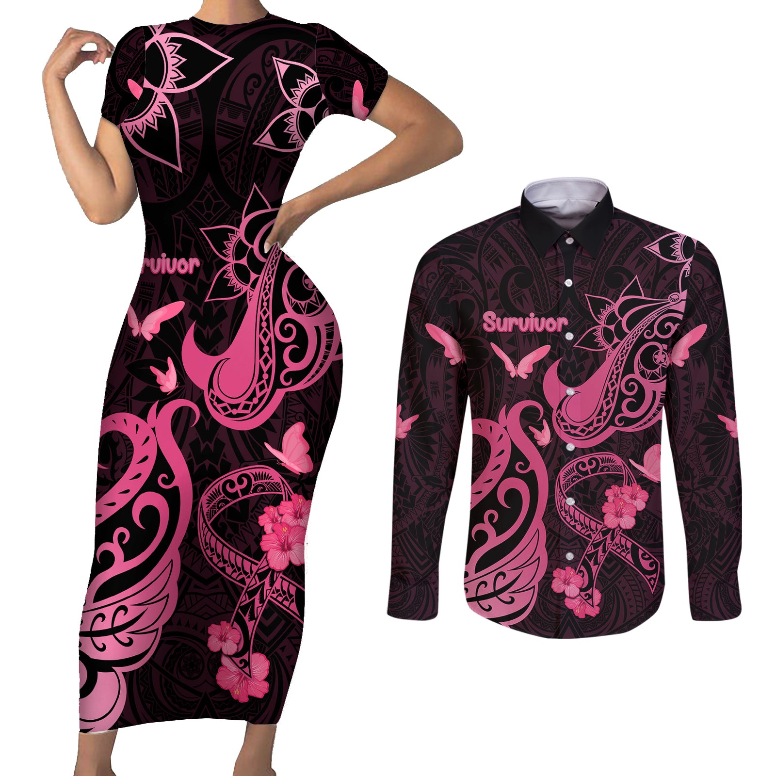 Personalized Breast Cancer Awareness Couples Matching Short Sleeve Bodycon Dress and Long Sleeve Button Shirts Ribbon Polynesian Pattern Black Version LT05 Black - Polynesian Pride