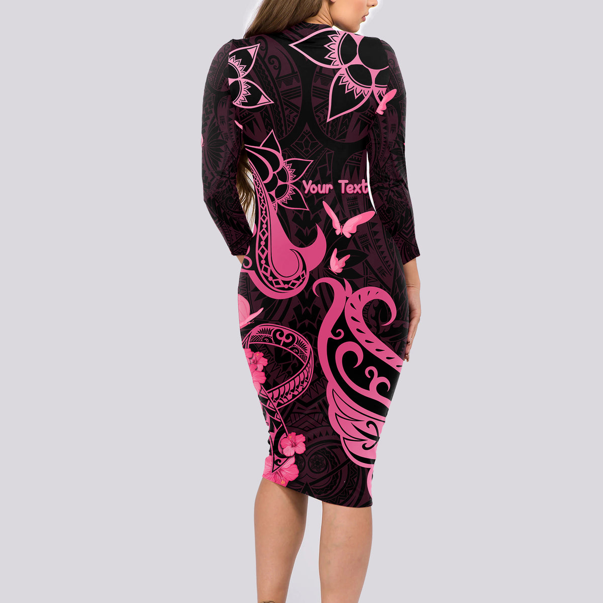 Personalized Breast Cancer Awareness Long Sleeve Bodycon Dress Ribbon Polynesian Pattern Black Version LT05 - Polynesian Pride