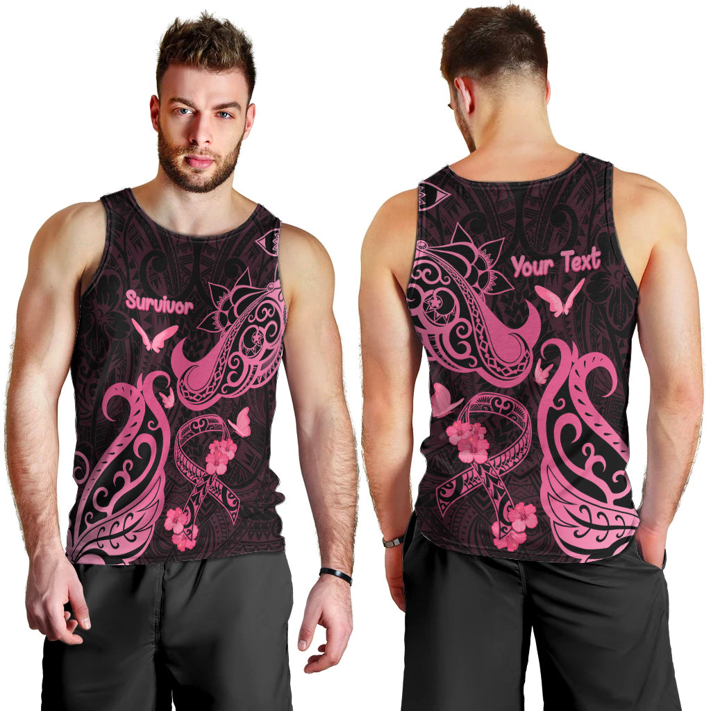 Personalized Breast Cancer Awareness Men Tank Top Ribbon Polynesian Pattern Black Version LT05 - Polynesian Pride