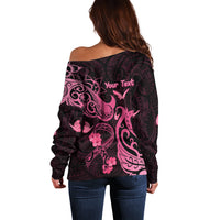 Personalized Breast Cancer Awareness Off Shoulder Sweater Ribbon Polynesian Pattern Black Version LT05 - Polynesian Pride