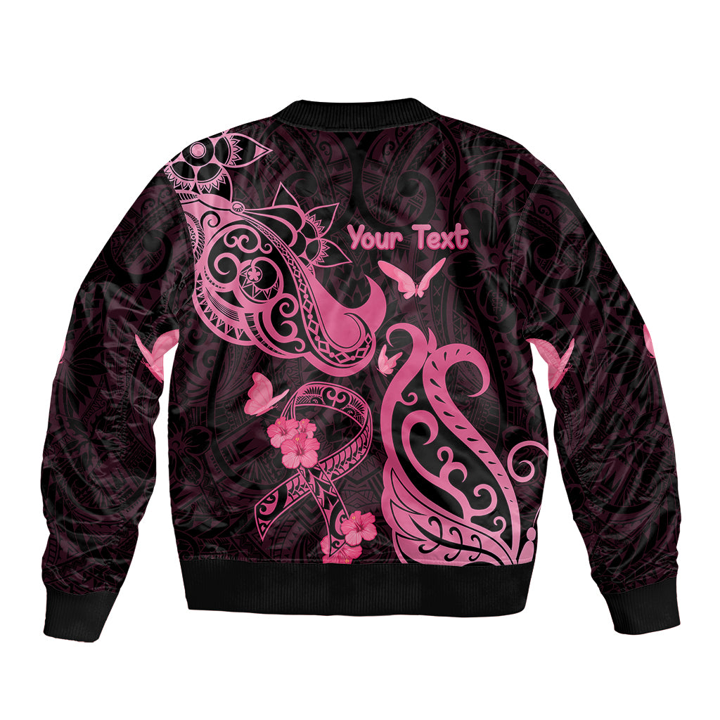 Personalized Breast Cancer Awareness Sleeve Zip Bomber Jacket Ribbon Polynesian Pattern Black Version LT05 - Polynesian Pride