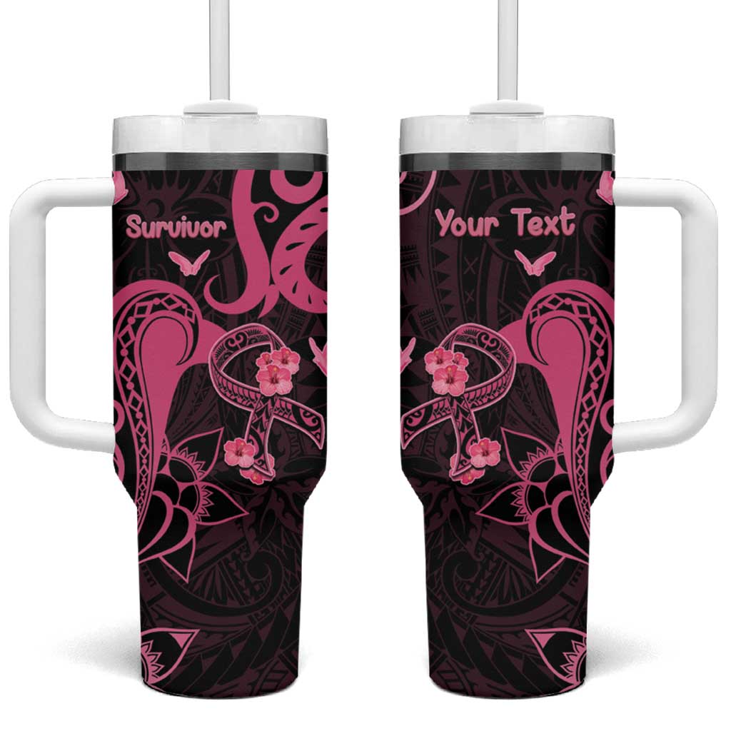 Personalised Breast Cancer Awareness Tumbler With Handle Ribbon Polynesian Pattern Black Version