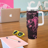 Personalised Breast Cancer Awareness Tumbler With Handle Ribbon Polynesian Pattern Black Version
