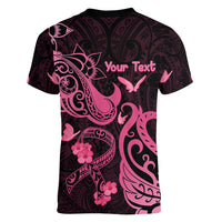 Personalized Breast Cancer Awareness Women V Neck T Shirt Ribbon Polynesian Pattern Black Version LT05 - Polynesian Pride