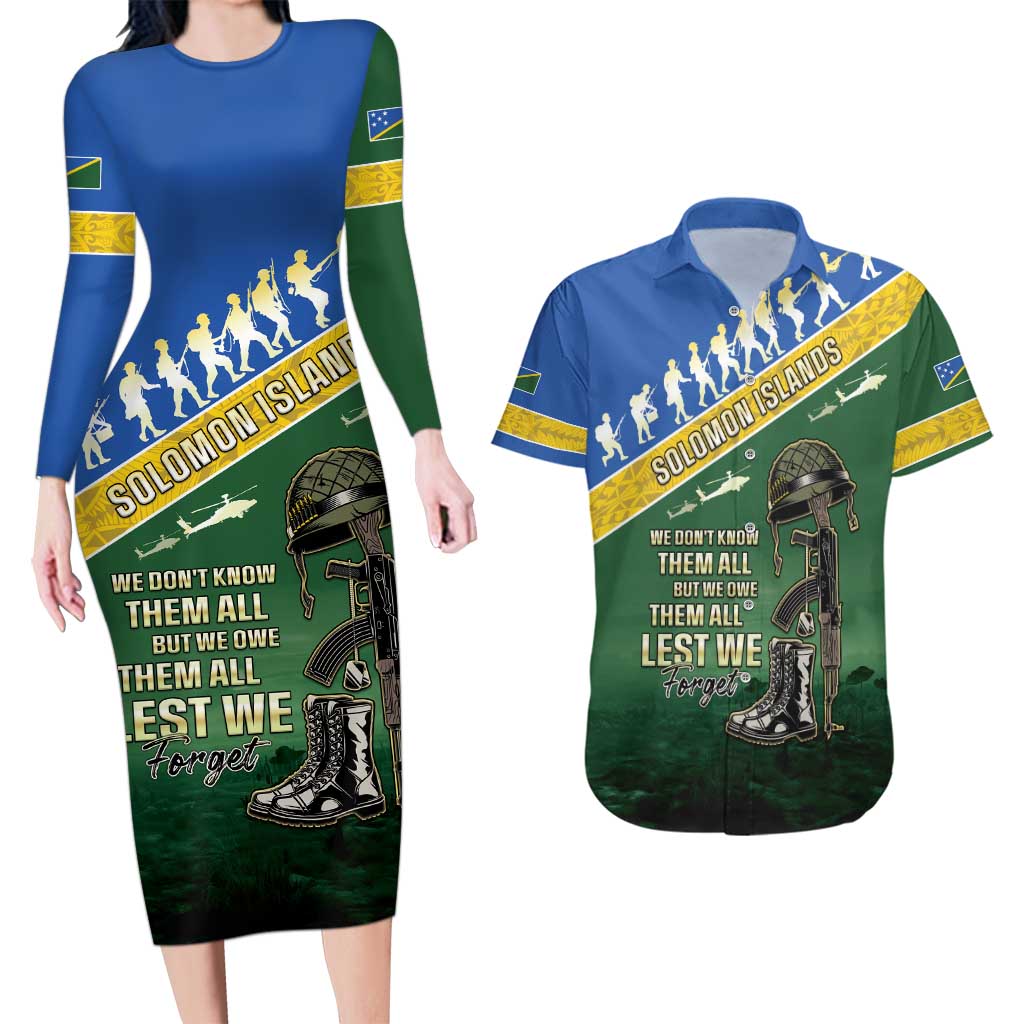 Solomon Islands Remembrance Day Couples Matching Long Sleeve Bodycon Dress and Hawaiian Shirt Lest We Forget LT05 Green - Polynesian Pride
