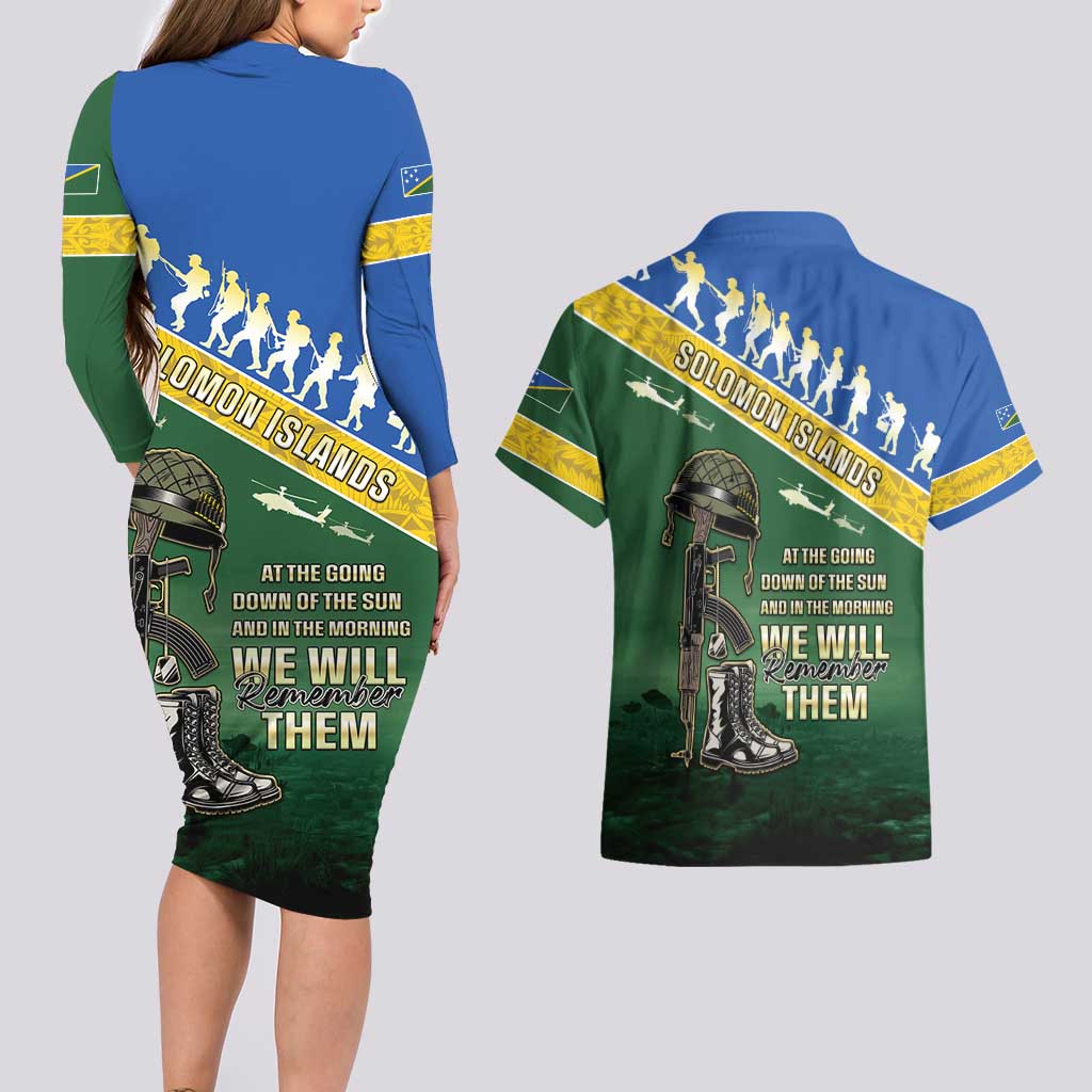 Solomon Islands Remembrance Day Couples Matching Long Sleeve Bodycon Dress and Hawaiian Shirt Lest We Forget LT05 - Polynesian Pride