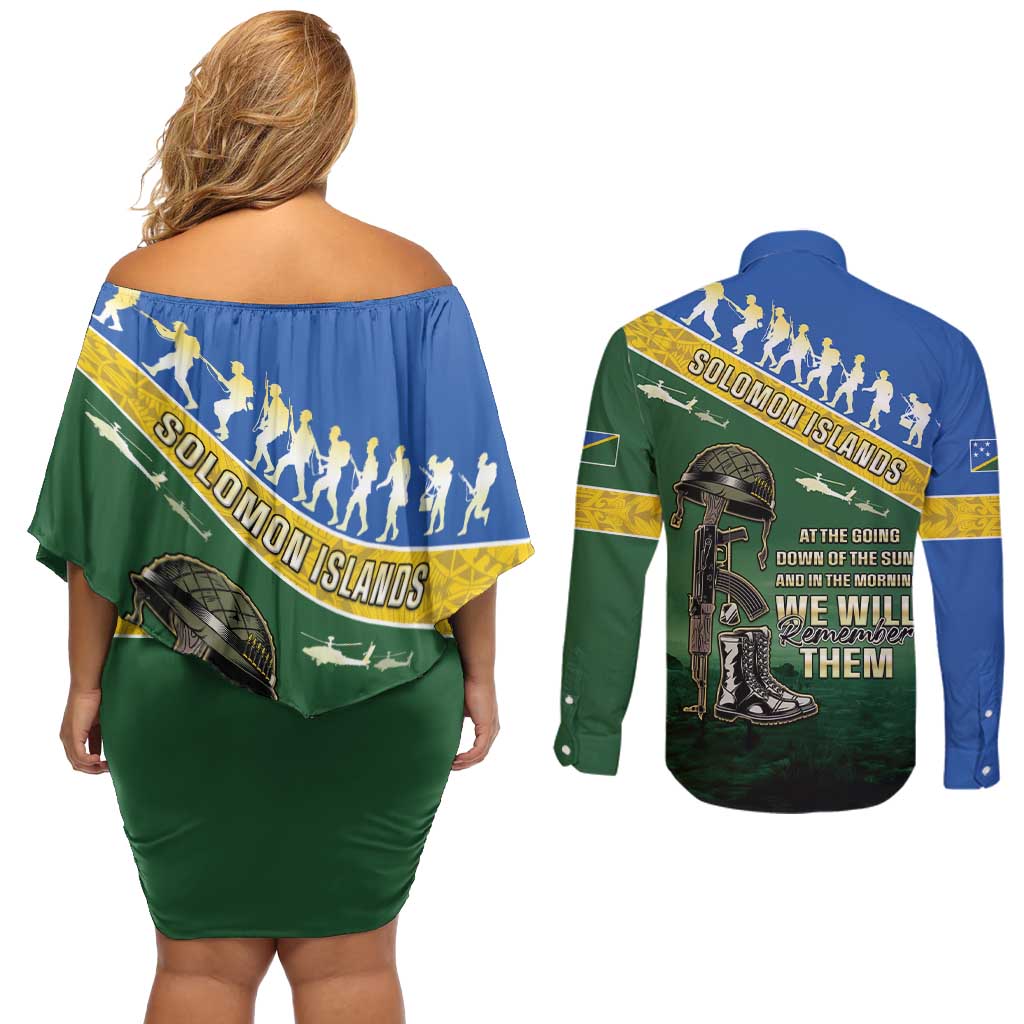 Solomon Islands Remembrance Day Couples Matching Off Shoulder Short Dress and Long Sleeve Button Shirt Lest We Forget