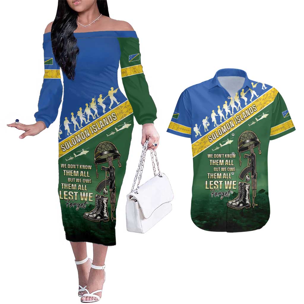 Solomon Islands Remembrance Day Couples Matching Off The Shoulder Long Sleeve Dress and Hawaiian Shirt Lest We Forget LT05 Green - Polynesian Pride