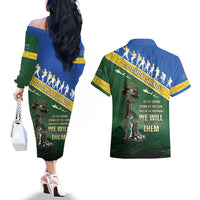 Solomon Islands Remembrance Day Couples Matching Off The Shoulder Long Sleeve Dress and Hawaiian Shirt Lest We Forget LT05 - Polynesian Pride