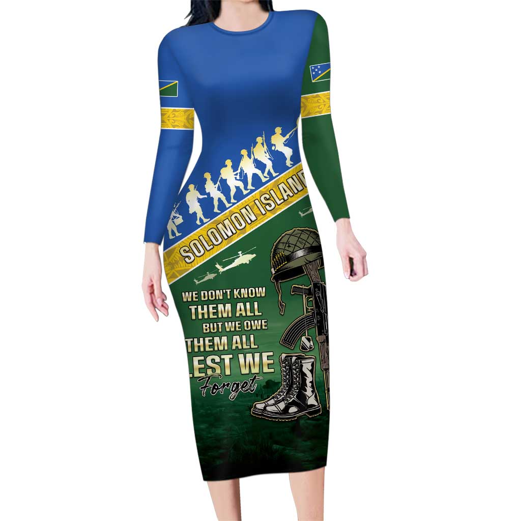 Solomon Islands Remembrance Day Family Matching Long Sleeve Bodycon Dress and Hawaiian Shirt Lest We Forget LT05 Mom's Dress Green - Polynesian Pride