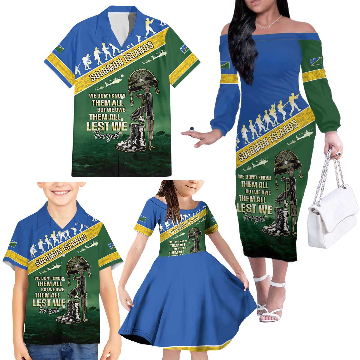 Solomon Islands Remembrance Day Family Matching Off The Shoulder Long Sleeve Dress and Hawaiian Shirt Lest We Forget LT05 - Polynesian Pride