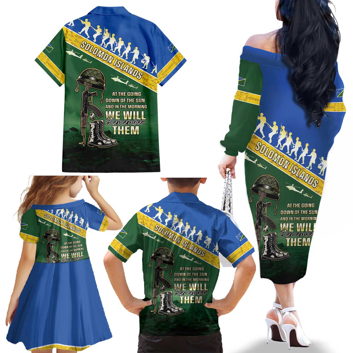 Solomon Islands Remembrance Day Family Matching Off The Shoulder Long Sleeve Dress and Hawaiian Shirt Lest We Forget LT05 - Polynesian Pride