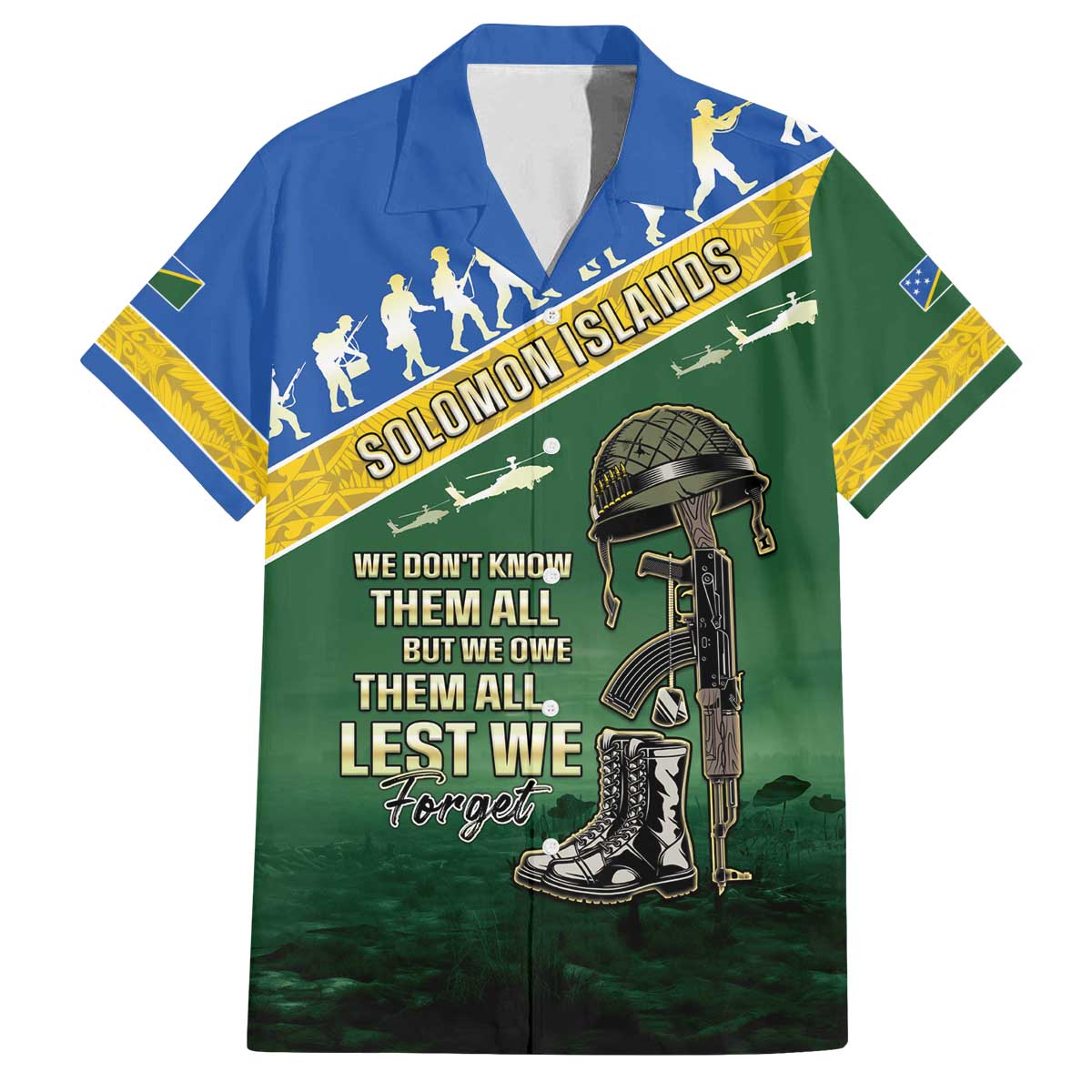 Solomon Islands Remembrance Day Family Matching Off Shoulder Short Dress and Hawaiian Shirt Lest We Forget LT05 Dad's Shirt - Short Sleeve Green - Polynesian Pride