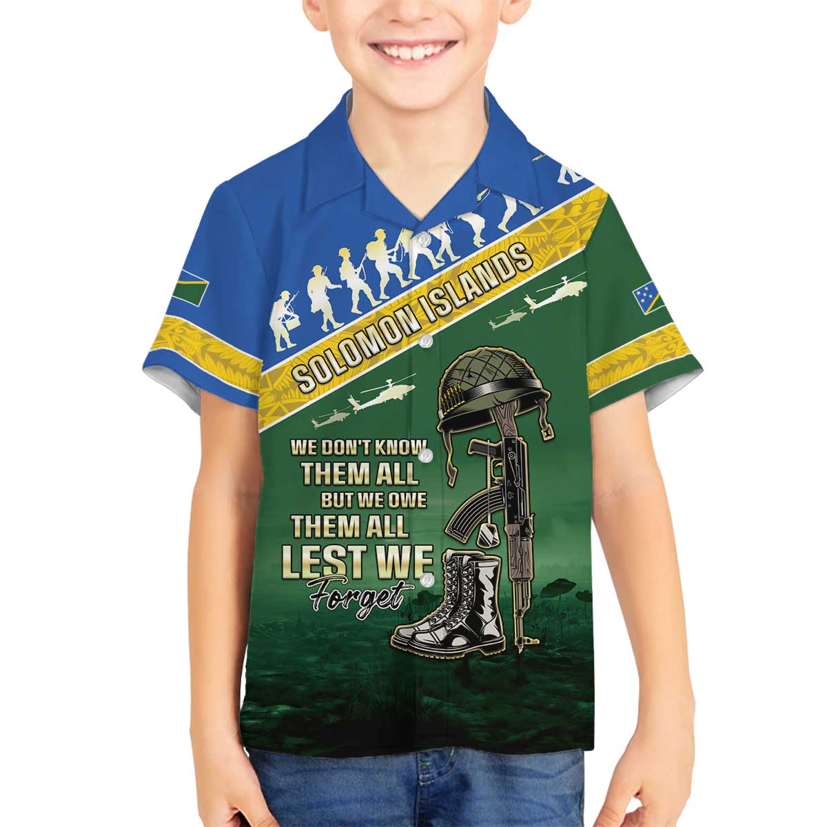 Solomon Islands Remembrance Day Family Matching Off Shoulder Short Dress and Hawaiian Shirt Lest We Forget LT05 Son's Shirt Green - Polynesian Pride